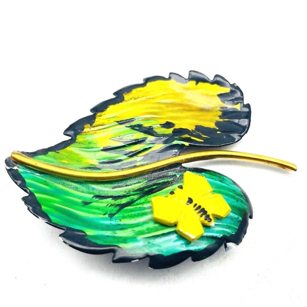 Enameled Leaf and Butterfly Pin Gold Tone Black Green Yellow Nature Garden READ